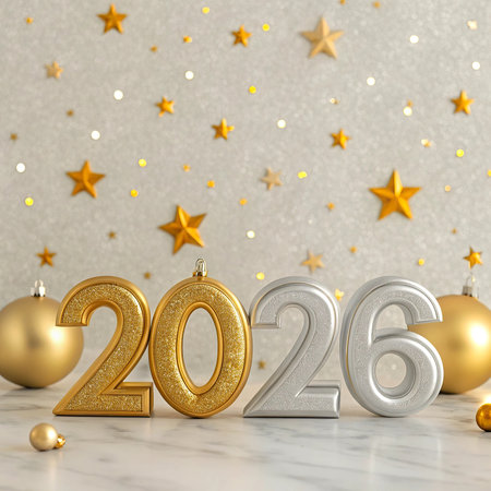 Happy New Year 2016 with gold and silver decorations. 3d render