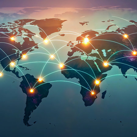 World map on a technological background, glowing lines symbols of the Internet, radio, television,...