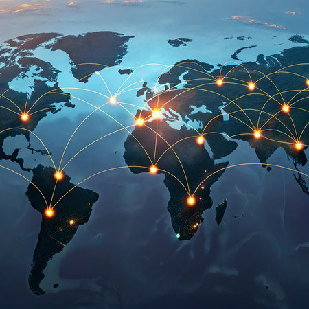 World map with glowing lines representing communication, connections and travel. 3D rendering.