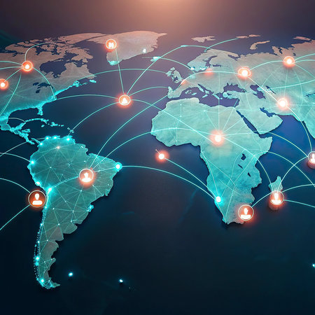 World map on a dark background, glowing lines symbols of social network, internet communication and...