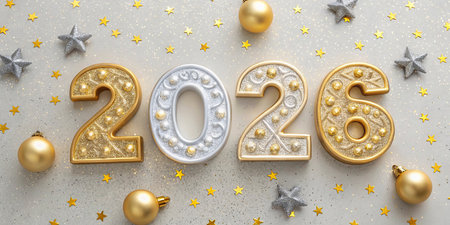 Golden numbers 2026 and Christmas decorations on a gray background.