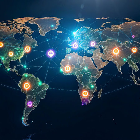 World map at night with glowing lines representing communication, travel and connections. 3D illustration.の写真素材