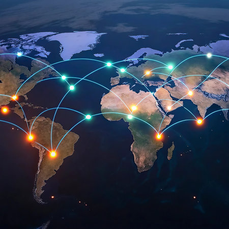World map with glowing lines representing global communication, connections and travel. 3D...