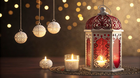 Ramadan Kareem lantern with burning candles on bokeh background