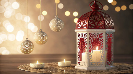 Christmas lantern with burning candles and snowflakes on bokeh background