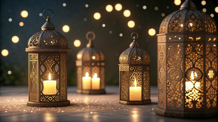 Lanterns with burning candles on wooden background. Ramadan Kareem concept