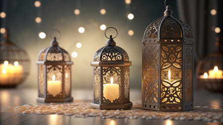 Beautiful decorative lanterns on table against blurred lights, closeup