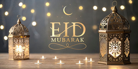 Eid Mubarak greeting card with arabic lantern and burning candles