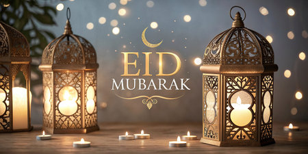 Eid Mubarak greeting card with arabic lanterns and burning candles