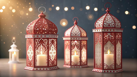 3d rendering of Ramadan Kareem lanterns with burning candles on wooden background