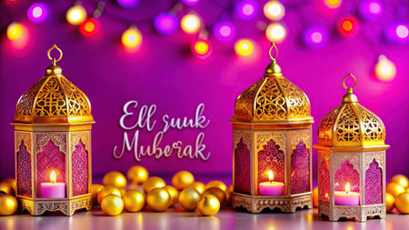 Eid mubarak greeting card with Arabic lanterns