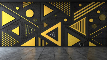 Abstract black and yellow geometric pattern on the wall. 3d rendering
