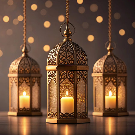 Ramadan Kareem greeting card. Islamic lanterns with burning candles.