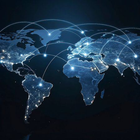 World map and glowing lines on dark background. Internet concept. 3D Rendering