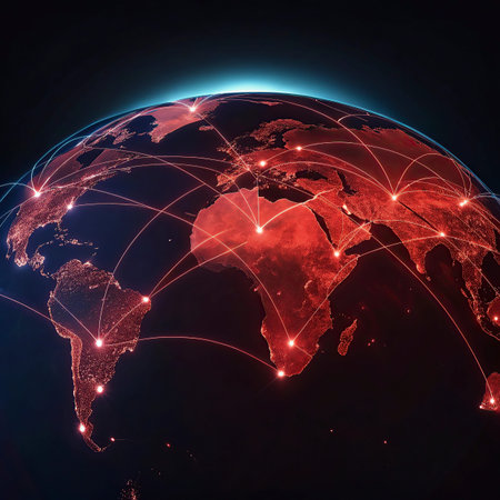 World map from space on a dark background. Concept of digital communication and technology. 3D...