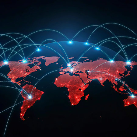 World map on a dark background, glowing lines symbols of the Internet, radio, television, mobile and...
