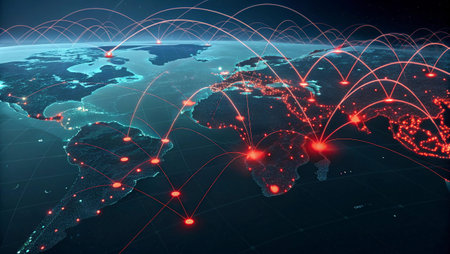 Global network on planet Earth with glowing lines representing communication, travel and...
