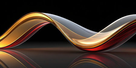 abstract 3d illustration of smooth wavy shape with reflection on black backgroundの写真素材