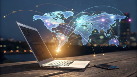 Laptop and world map on wooden table against night cityscape background