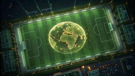 3d rendering of soccer field with planet earth in the night time