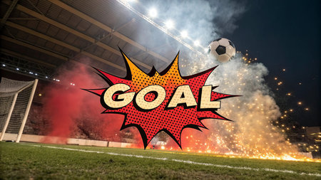 Composite image of the word GOAL against fireworks exploding over football stadium