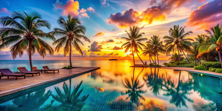 Beautiful luxury outdoor swimming pool in hotel resort with coconut palm tree at sunrise times - Holiday Vacation concept
