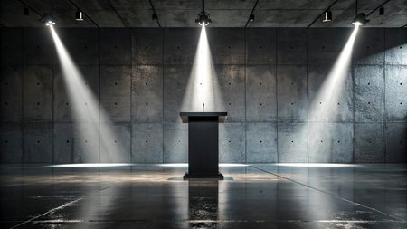 Podium and spotlight on concrete wall. 3D rendering. Stage illumination.