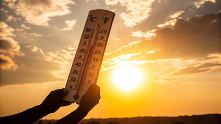 Thermometer in the hands of the man against the setting sun