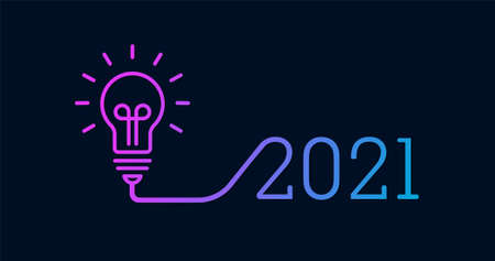 Creativity light bulb idea with 2021 new year design with a light-bulb on the Navy blue background color. The solution, planning ideas. Business, glowingのイラスト素材