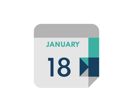 January 18 flat daily calendar date, 18 January Single Day Calendar Icon::  tasmeemME.com