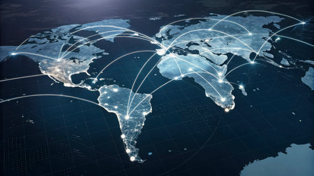 Global network connection over world map background. Globalization concept. 3D Renderingの写真素材