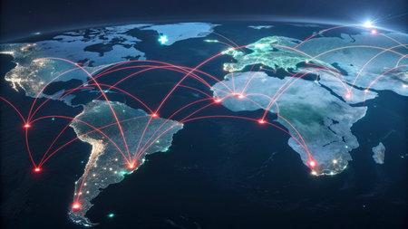 World map with glowing lines representing international connections. 3D illustration.の写真素材