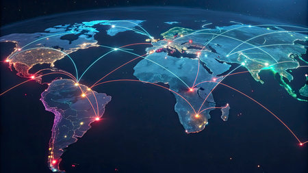 World map with glowing lines representing communication, connections and travel. 3D illustration.の写真素材