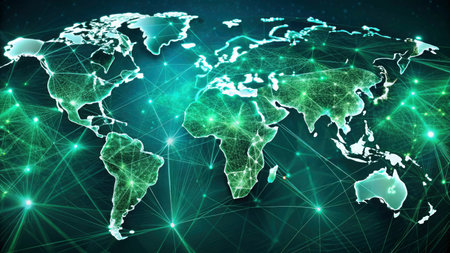 World map on a technological background, glowing lines symbols of the Internet, radio, television, mobile and satellite communications.の写真素材