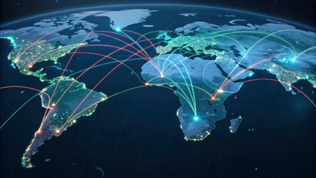 World map glowing with international network representing communication, travel and connections. 3D illustration.の写真素材