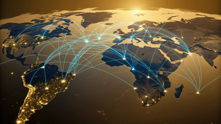 World map with glowing lines and connections. Globalization concept. 3D Renderingの写真素材