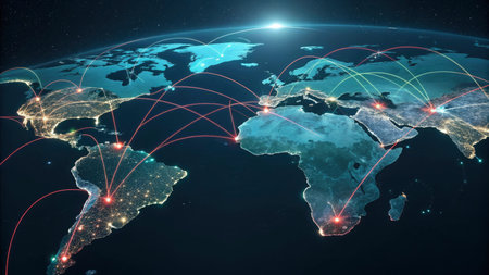 Global network connection covering the globe. Concept of international communication, technology and travel. 3D illustration.の写真素材