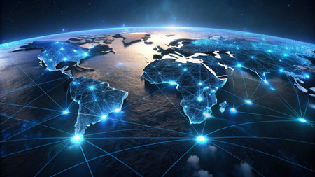 Global network connections over the globe 3D rendering elements of this image furnished by NASAの写真素材