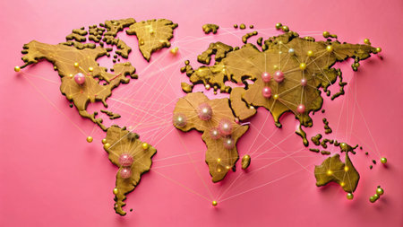 World map made of yellow paper and pearls on pink background.の写真素材