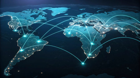 World map with glowing lines and connections. Globalization concept. 3D Renderingの写真素材
