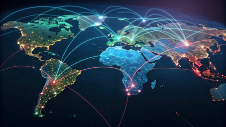 World map with glowing lines and connections on dark background. Network and communication concept. 3D Renderingの写真素材