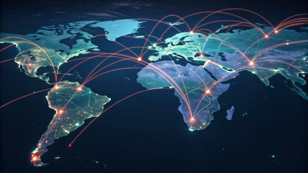 World map with glowing lines representing international connections. 3D illustration.の写真素材