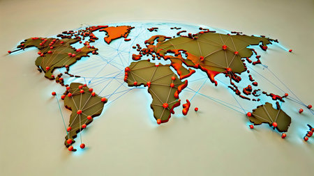 World map at night with international network representing communication, travel and connections. 3D illustration.の写真素材