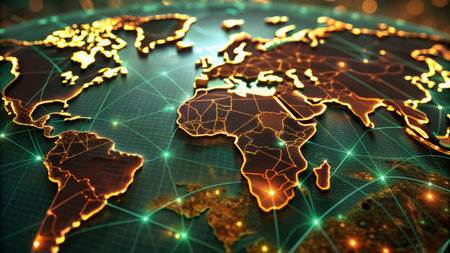 Map of the world on digital screen with glowing lines. 3D illustration.の写真素材