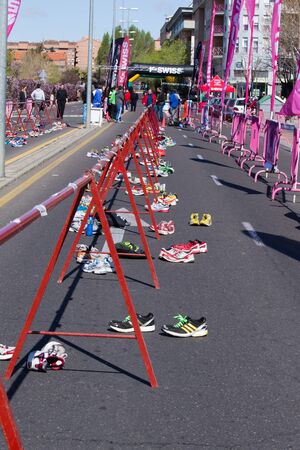 TOLEDO, SPAIN - MARCH 18: A lot sport shoes from the I Duathlon in Toledo of the race on March 18, 2012 at Toledo.のeditorial素材