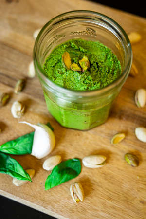 pistachio pesto glass jar green paste