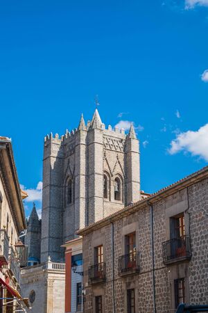 Main view of tower of Cathedral of Avila, Spain from streetの写真素材