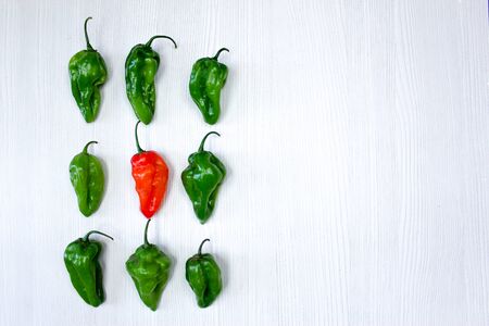 Small red and green peppers on white backgroundの写真素材
