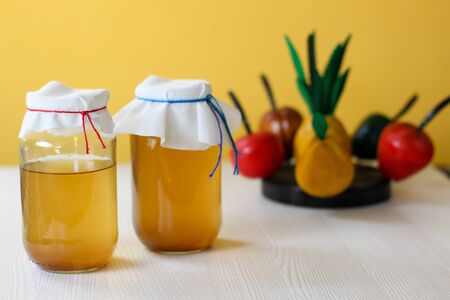 fermented drink, jun tea healthy natural probiotic in a glass jarの写真素材