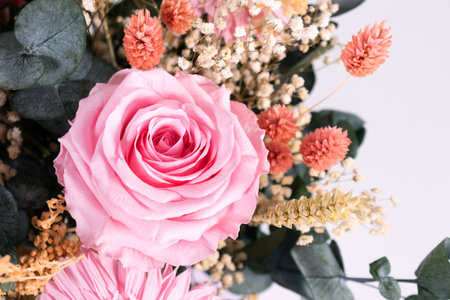 pink rose bouquet on white background with copy space for textの写真素材